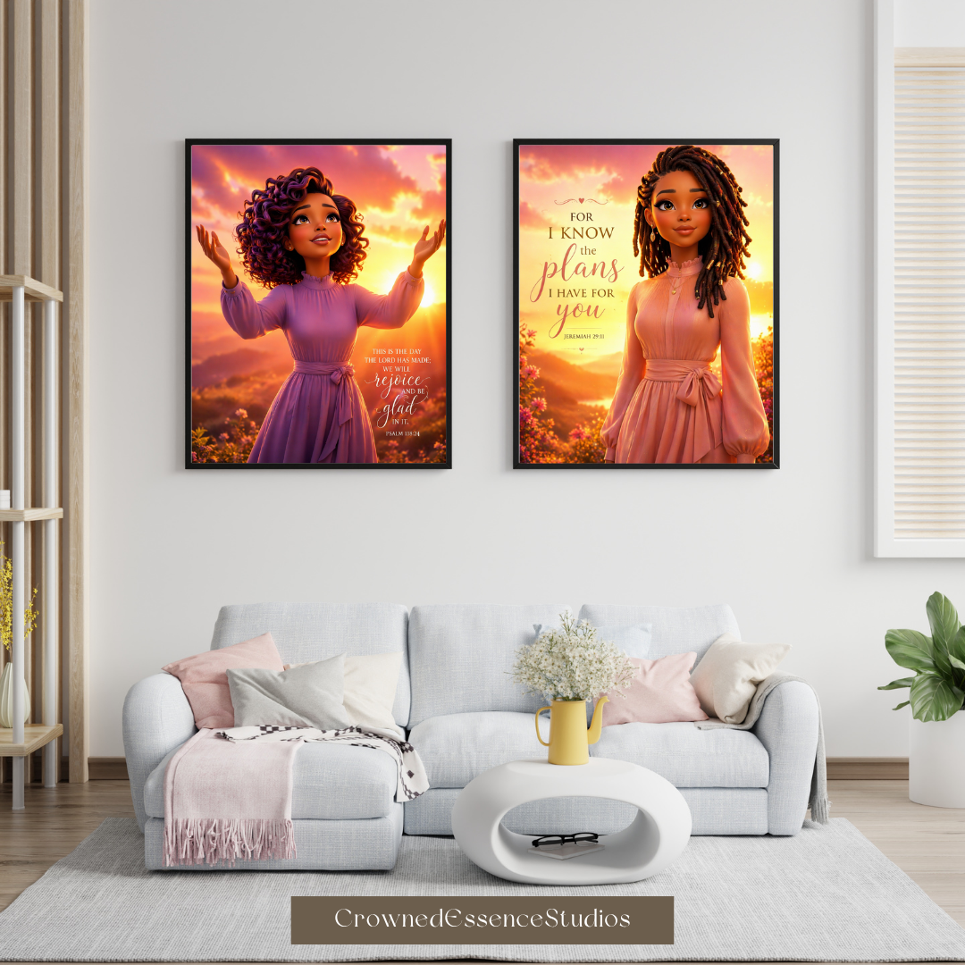 Two framed Faith & Feminine artworks displayed above a soft neutral sofa